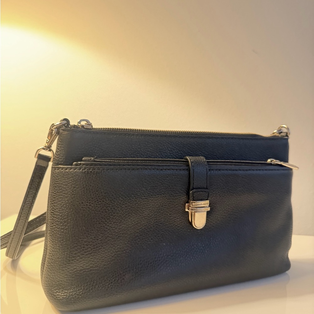Michael Kors Black Pebble Leather Crossbody with Clutch Gold Hardware